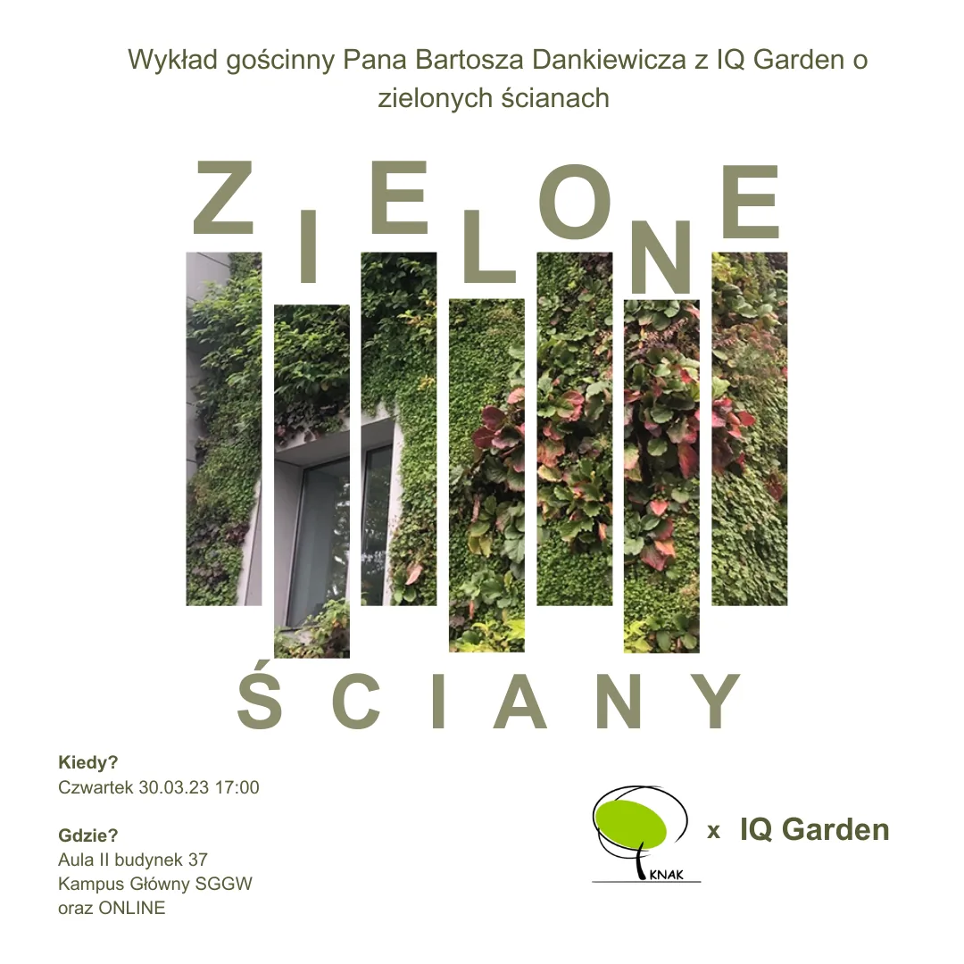 Plakat wykładu iQgarden o zielonych ścianach na SGGW w Warszawie
